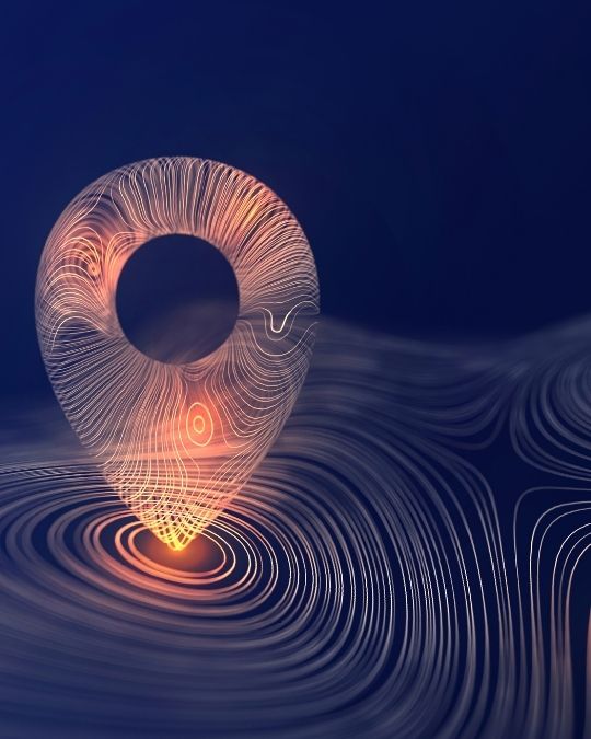Épingle de géolocalisation lumineuse sur fond de courbes topographiques abstraites