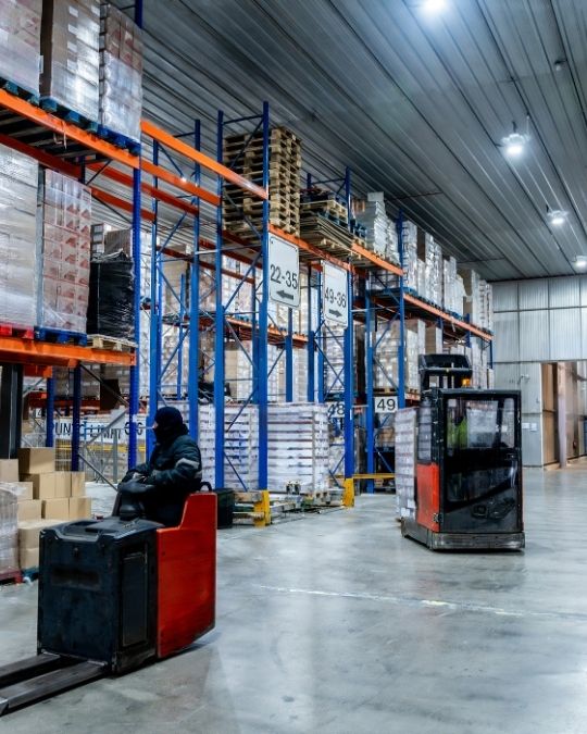 Opérateur sur chariot élévateur dans un grand entrepôt de stockage avec rayonnages de palettes